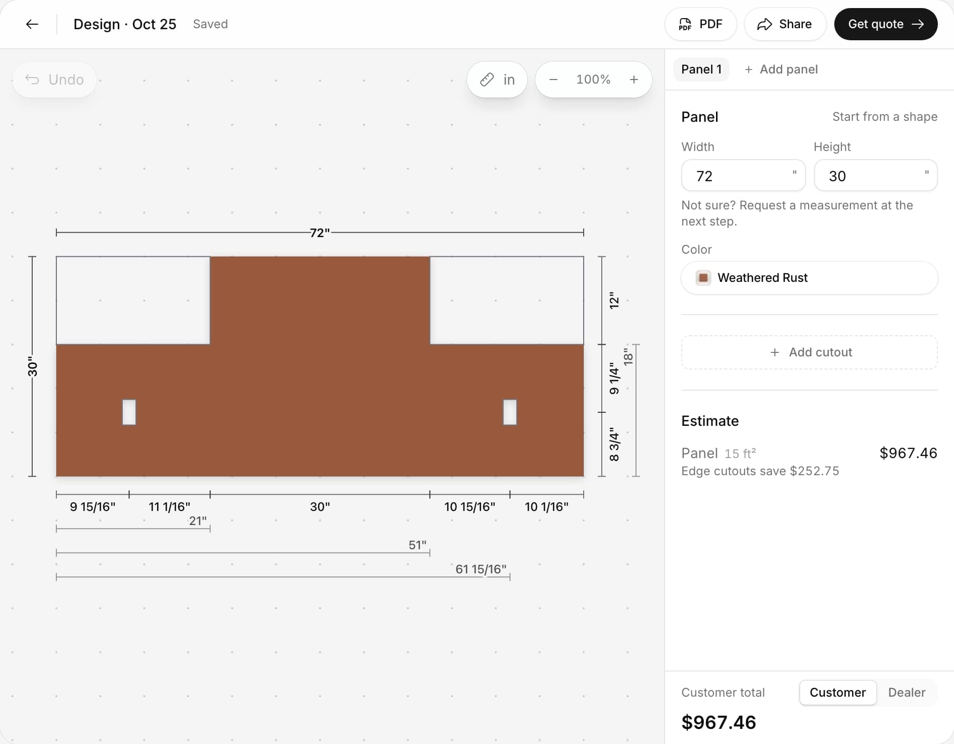 The designer: a 72 by 30 inch range wall panel in Weathered Rust with two outlets, its measurements and its estimate