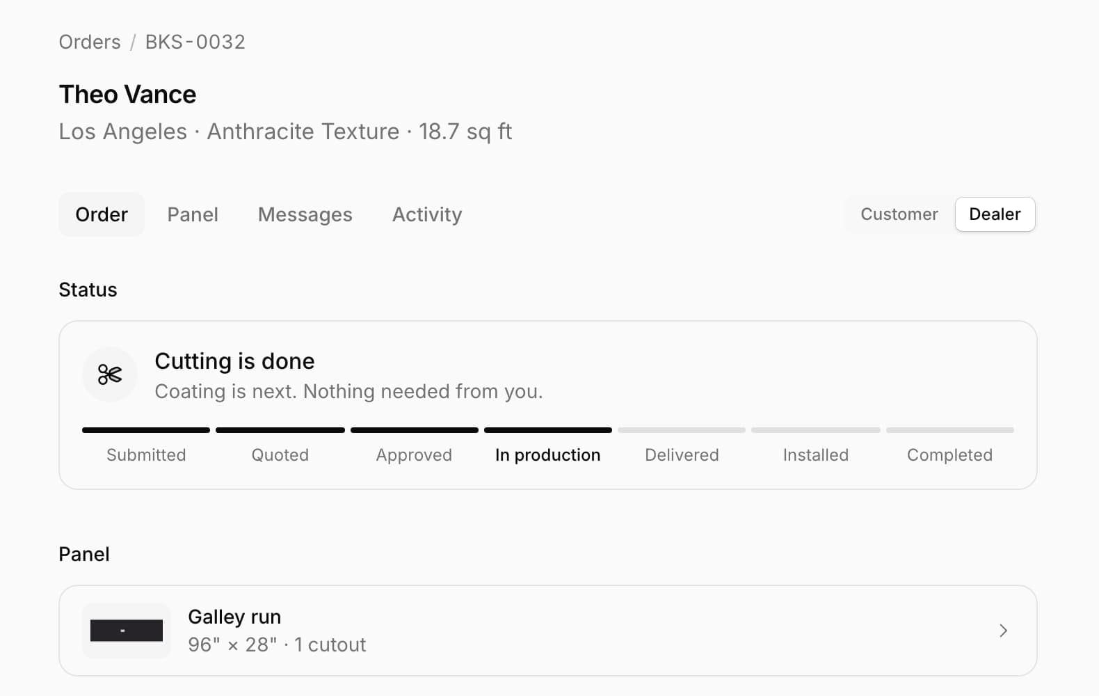 An order in production: its status from submitted to completed, and its panel