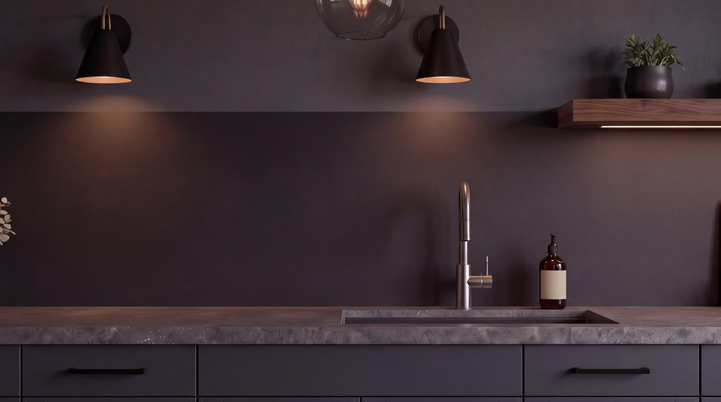 Aluminum backsplash in a dark kitchen