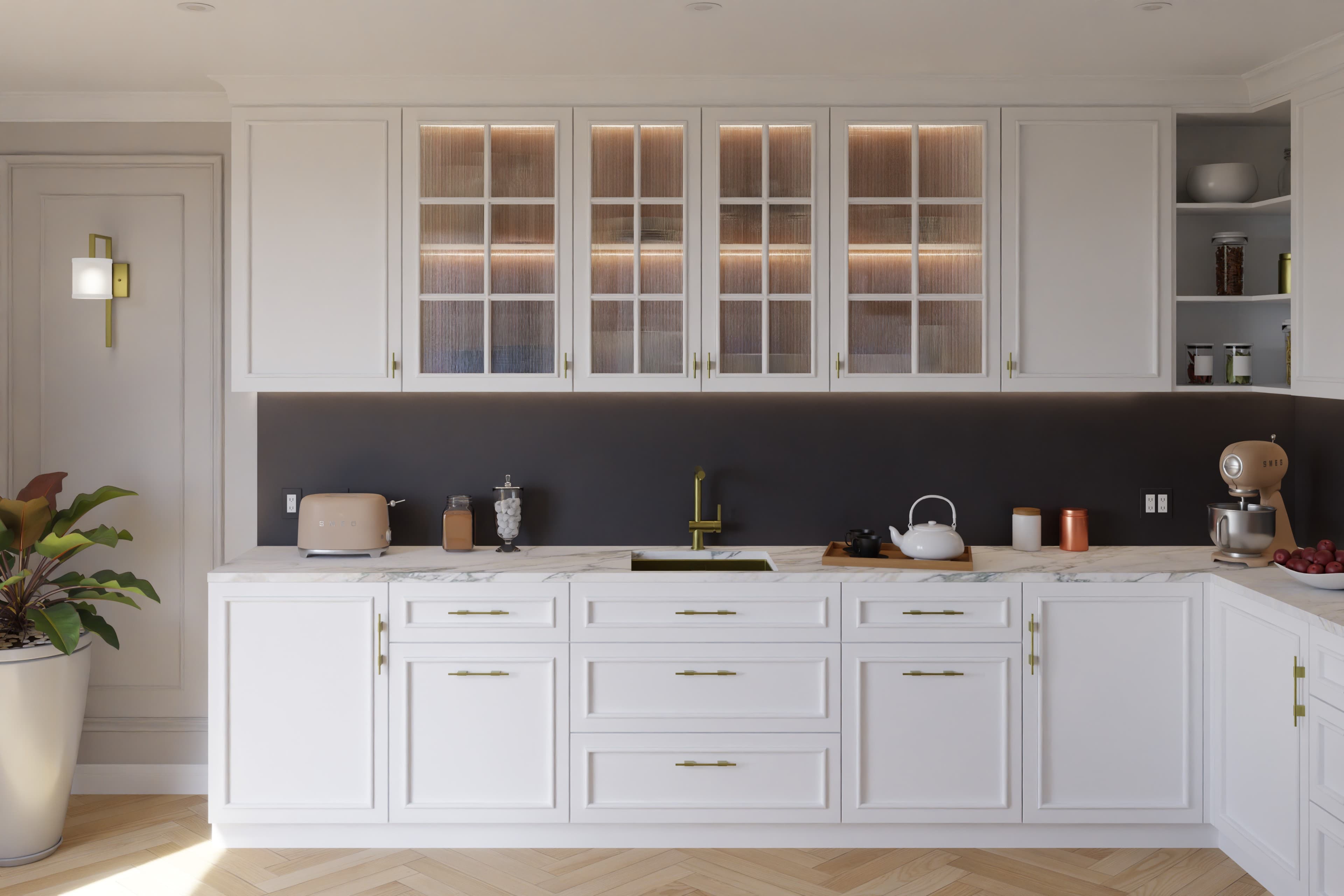 Kitchen with an anthracite aluminum backsplash panel