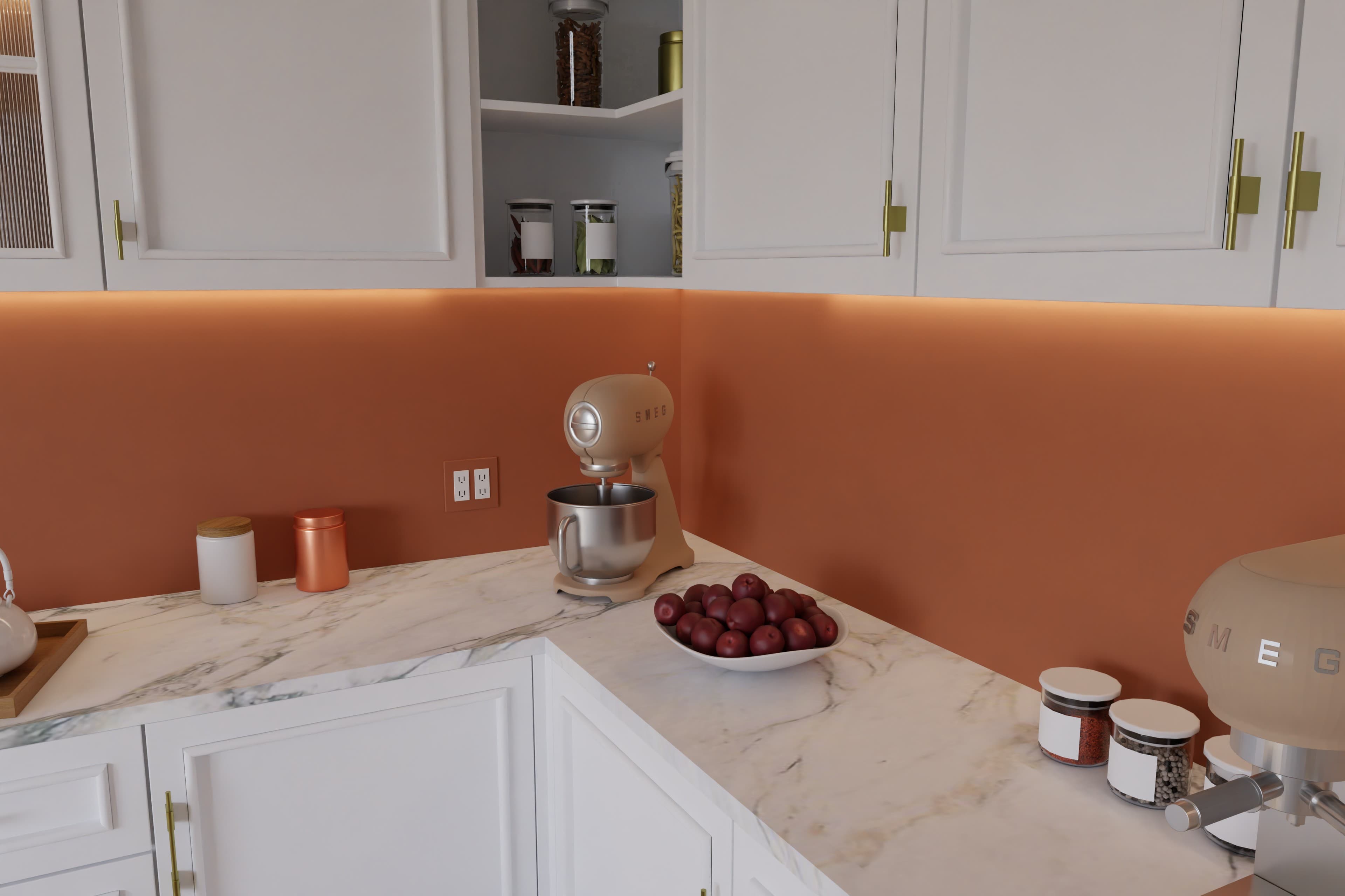 Kitchen corner with a weathered rust aluminum backsplash
